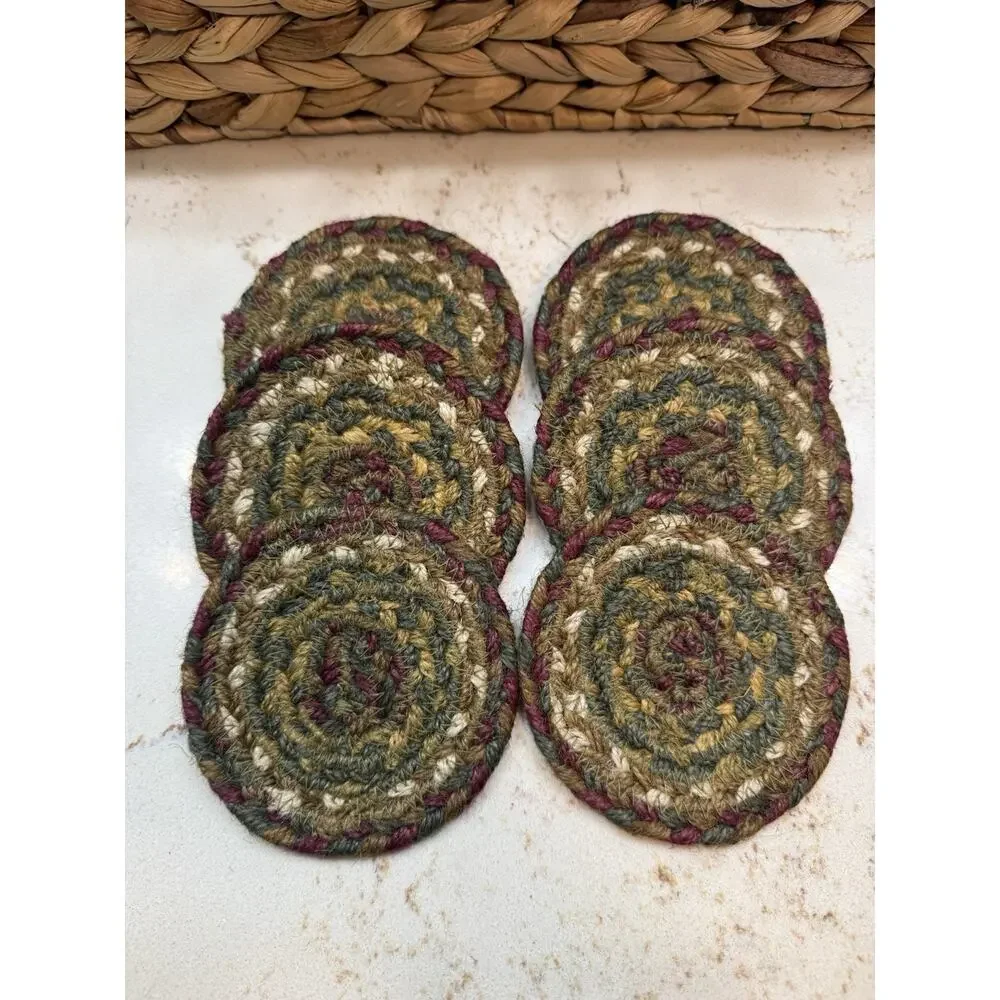 Tea Cabin Jute Coaster Set of 6 Primitive Country Rustic Cabin VHC Brands New